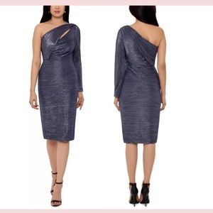 NEW BETSY & ADAM [‎ 8 ] Metallic Cut Out One Shoulder Sheath Dress in Blue